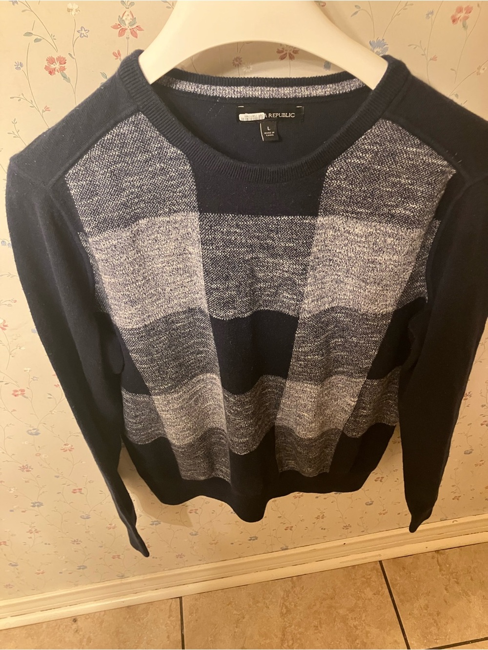 Banana Republic Navy and Heather Gray Striped Crewneck Sweater